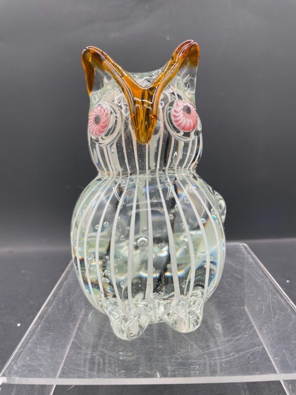 Clear and Amber White Striped Heavy Art Glass Owl Paperweight